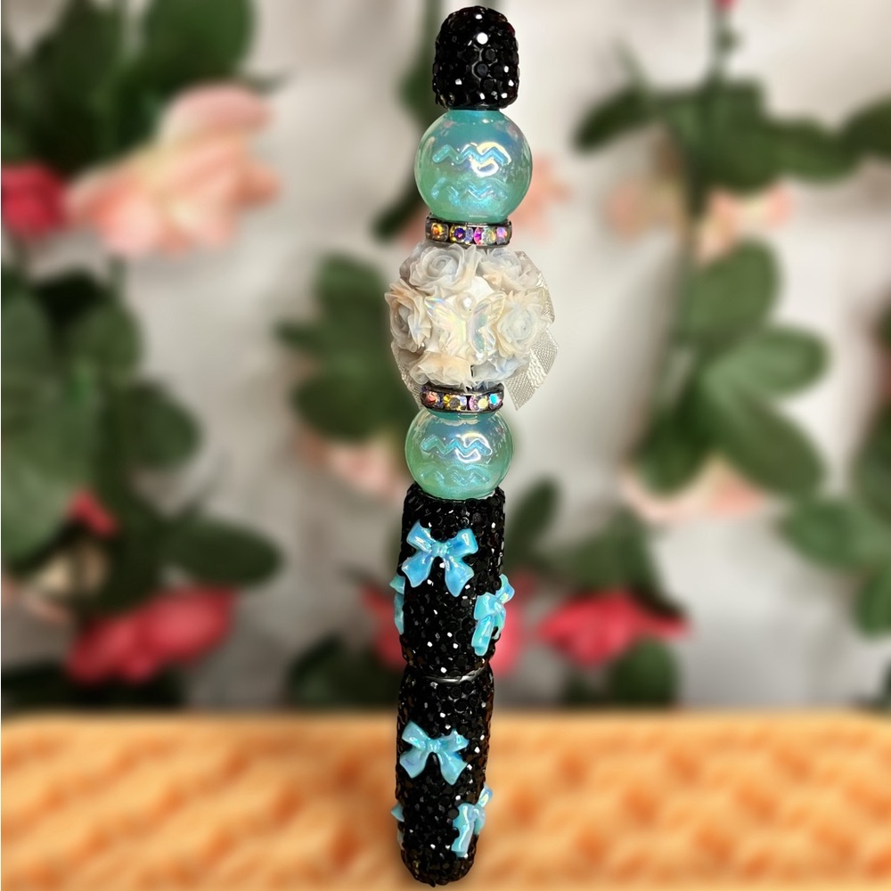 Aquarius Zodiac Sign Butterfly Rose & Fabric Bow Rhinestone Handmade Beaded Pen